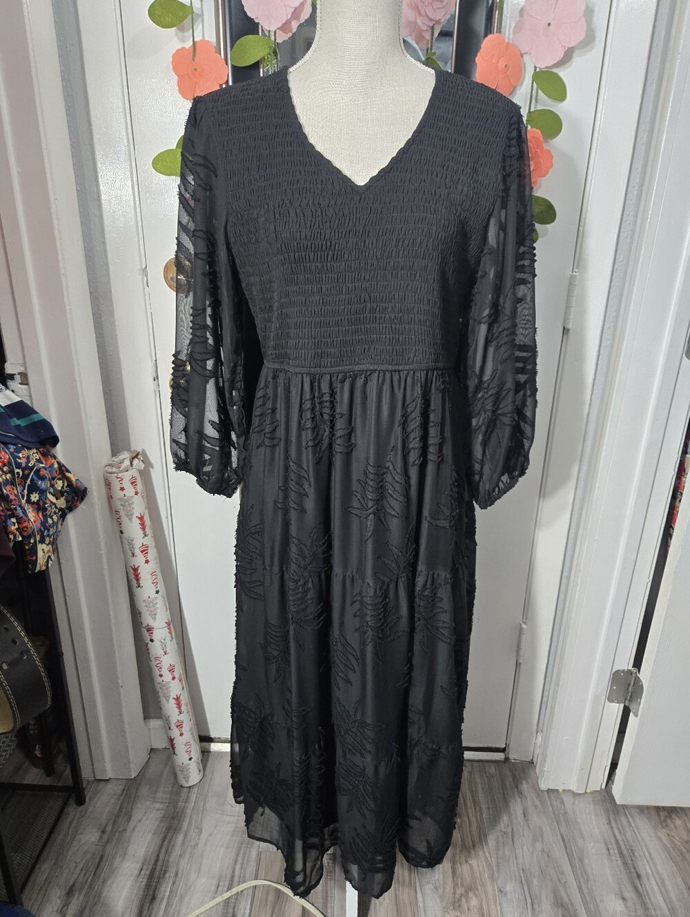 Downeast Smocked 3/4 Sheer Sleeve Midi Dress Black Sz Large